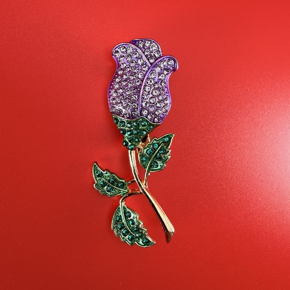 Purple Rose Rhinestone Brooch Pin Gold Tone Floral Flower Crystal Jewelry
